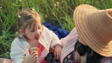 Anne ve kızı parkta çimlerin üzerinde dondurma yiyorlar. Kremayla kaplı mutlu bir aile, gülümseyen bir çocuk, mutlu bir çocukluk. Yüksek kalite 4k görüntü