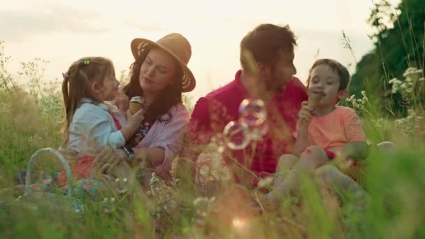 Sorrisos Felicidade Família Europeia Com Crianças Gozando Sorvete Piquenique Parque — Vídeo de Stock
