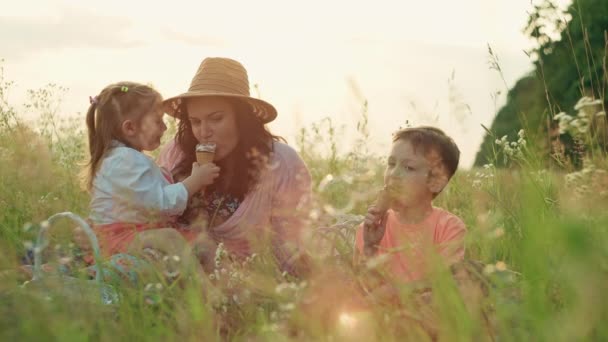 ジョイの味 公園のピクニックでアイスクリームを食べる子供を持つヨーロッパの家族 高品質の4K映像 — ストック動画
