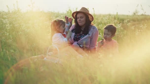 Piknikte Dondurma Yiyen Mutlu Bir Annenin Yaşam Tarzı Oğlan Kız — Stok video