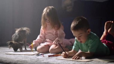 Çocukluk abileri ve ablaları evde bir halıya serilmiş kalemlerle resim çizerler. Çocuk sanatı ile eğlenceli zaman geçirmek. Mutlu, gülümseyen erkek ve kız. Yüksek kalite 4k görüntü
