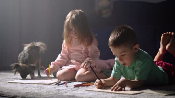 Παιδικά Αδέρφια Ζωγραφίζουν Μολύβια Ξαπλωμένα Ένα Χαλί Στο Σπίτι Διασκεδαστικός — Αρχείο Βίντεο