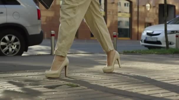Topuklu Giymiş Beyaz Bir Kadını Merkezinin Ofisine Doğru Yürüyor Klasik — Stok video