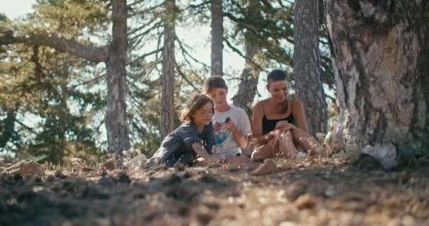 Счастливая Семья Сидит Траве Прогулке Лесу Детская Концепция Теплоты Любви — стоковое видео