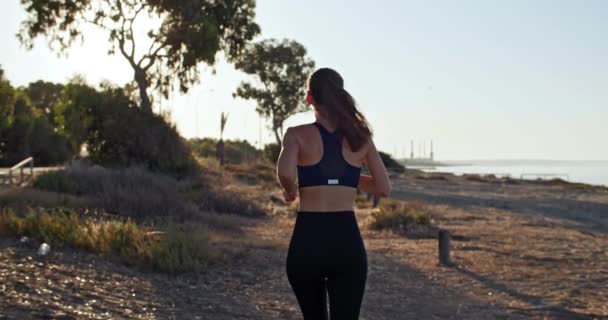 一个女孩在公园里高速奔跑的生活方式视频 在大自然中经营一个年轻女子的健身课和体育生活 高质量的4K镜头 — 图库视频影像