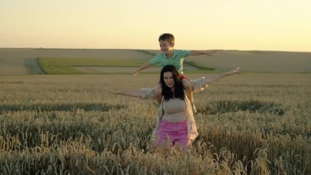 Nurturing Love Wheat Adorned Fields Blissful Mother Son Stroll Inglês — Vídeo de Stock