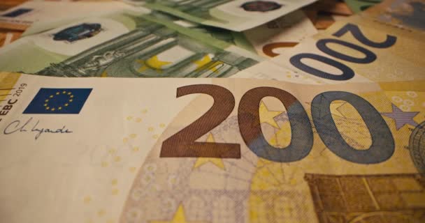 Video Sfondo Close Delle Banconote Euro Diversi Tagli Operazioni Transazioni — Video Stock