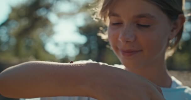 快乐的孩子拥抱自然 抱着一个瓢虫特写 高质量的4K镜头 — 图库视频影像
