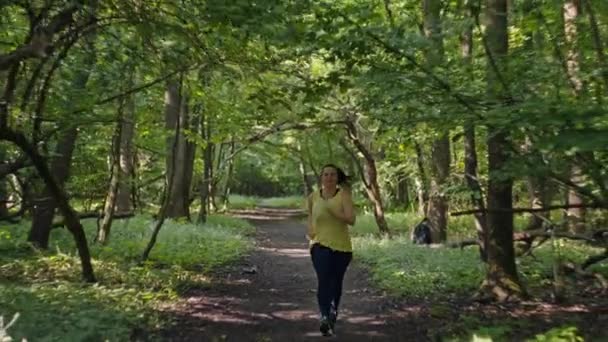 トランスフォーメーションを強化する 息をのむ森林減量とスポーツ追求における太りすぎの女性のエクササイズ 高品質の4K映像 — ストック動画