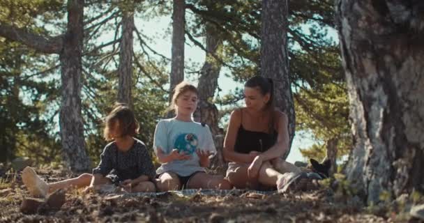 Mutter Und Töchter Bei Einem Spaziergang Einem Kiefernwald Kinder Spielen — Stockvideo