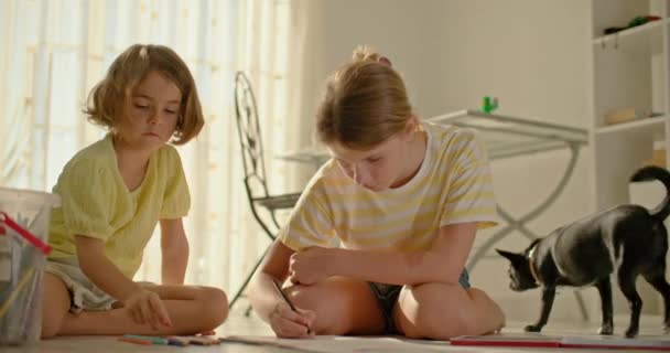 姉妹たちは自由な時間を家で過ごしています 子供と鉛筆で描くことの趣味 高品質の4K映像 — ストック動画