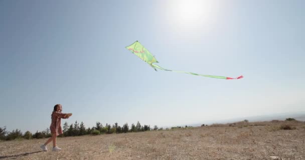 一个小孩牵着风筝在天空中飞舞 孩子们在大自然的游戏里玩得很开心 女孩们很开心 高质量的4K镜头 — 图库视频影像