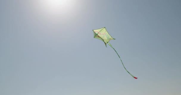 Detailní Záběr Zeleného Draka Letícího Obloze Dětská Hra Šťastná Zábavná — Stock video