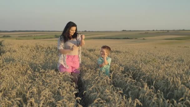 Kultiverande Familjeglädje Fridfull Jordbruksdag Med Kärleksfull Mor Och Hennes Son — Stockvideo