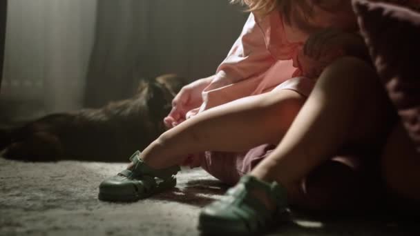 Close Childrens Hands Putting Sandals Girl Getting Ready Walk Street — Stock Video