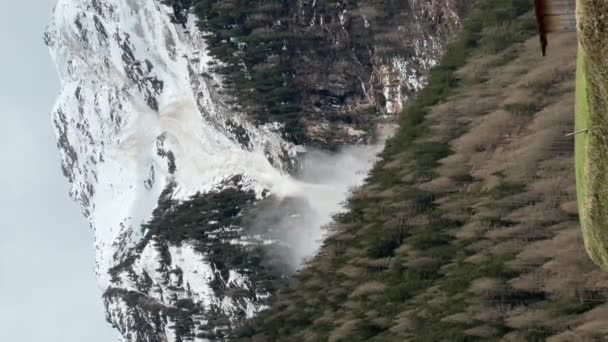 Widok Powietrza Lawinę Śnieżną Górach Niebezpieczeństwo Klęski Żywiołowe Górskim Krajobrazie — Wideo stockowe