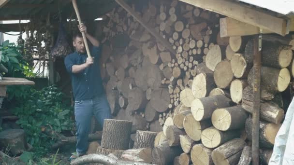 Een Man Hakt Brandhout Met Een Bijl Het Werk Boerderij — Stockvideo