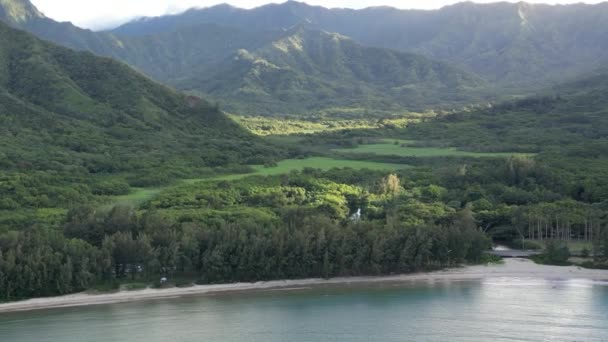 Luchtfoto Odyssee Boeiende Hawaiiaanse Landschappen Majestueuze Pieken Kronkelende Rivieren Pacifics — Stockvideo