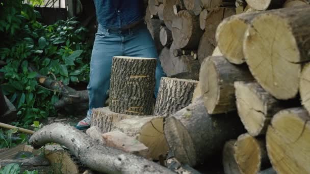 Деревні Колоди Затишних Ночей Людина Збирає Дрова Фермі Каміна Високоякісні — стокове відео
