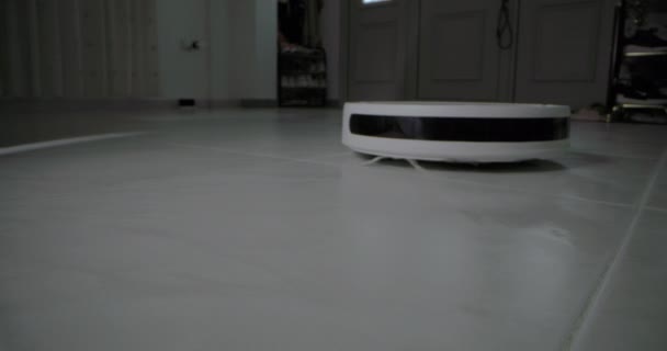 Robot Stofzuiger Reinigt Automatisch Het Huis Een Stofzuiger Zuigt Vloer — Stockvideo