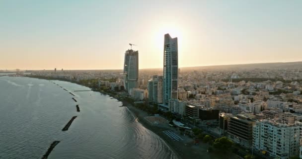 Limassol Cyprus Sunset Aerial View Skyscrapers Business District Seafront Splendor — Stock Video