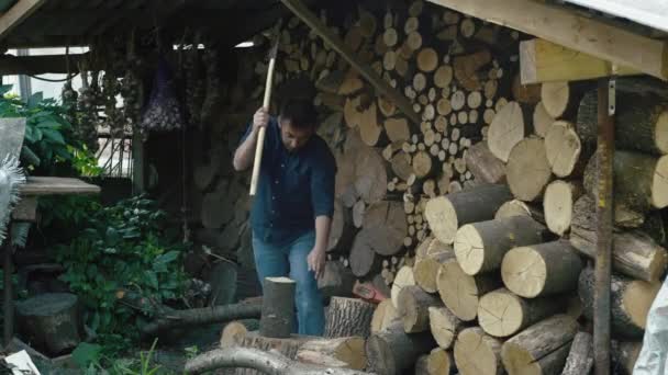 ヨーロッパ人男性が斧で薪を切っています 少年は冬のために薪を集め 村の農場で激しい肉体労働をしました 高品質の4K映像 — ストック動画