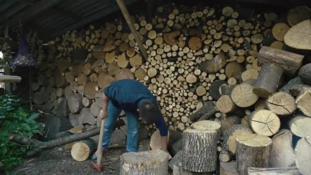 季节性舒适的砍伐原木 为农家炉火和取暖准备柴火的勤劳的人 高质量的4K镜头 — 图库视频影像