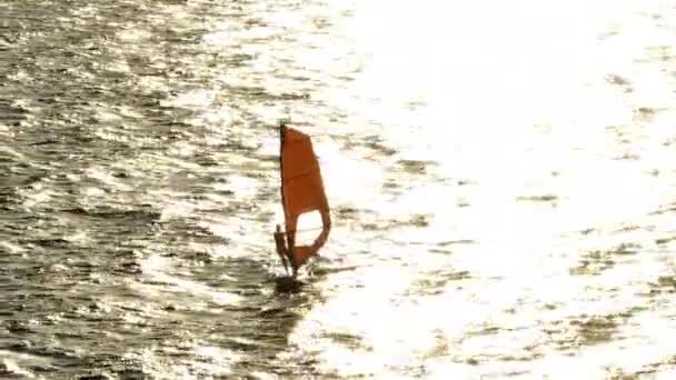 一个人在海里风帆冲浪的轮廓 在海里的一个船上积极地度过了一个极端的海滩假期 高质量的4K镜头 — 图库视频影像