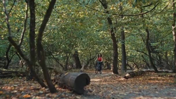 アクティブなライフスタイルを取り入れる パーで自転車に乗る幸せな女性 高品質の4K映像 — ストック動画