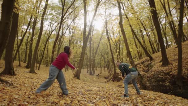 Birbirine Aşık Bir Çift Parkta Yürürken Sarı Yapraklar Fırlatırken Eğleniyor — Stok video