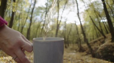 Sonbahar parkında çayı yavaş çekimde fincana doldururken. Ormandaki sarı yaprakların mevsiminde sıcak bir içecek sıcak ve romantik bir atmosfer. Yüksek kalite 4k görüntü