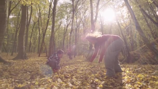 Whispers Autumn Mother Son Revel Rustling Leaves Embracing Natures Palette — Vídeo de stock