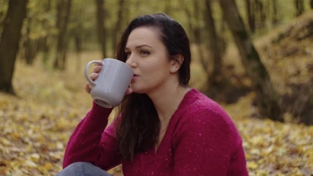 Düşüş Özünü Yakalayarak Düşüncelere Dalmış Kadın Altın Yapraklar Yatağında Çay — Stok video