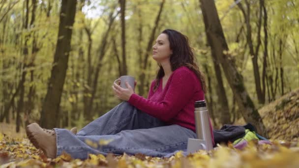 Simfonia Singurătății Femeia Stând Frunză Aur Bucurându Băutură Caldă Parc — Videoclip de stoc