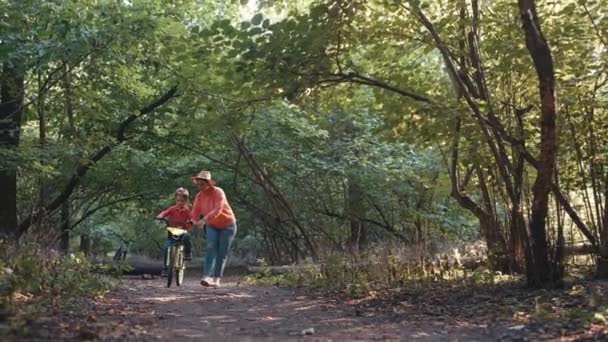 Uma Mãe Ensina Seu Filho Andar Bicicleta Caminho Parque Uma — Vídeo de Stock