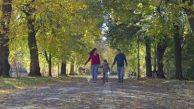 Sonbahar parkında sarı yapraklar üzerinde yürüyen mutlu bir aile. Neşeli ve gülümseyen ebeveynler ve çocuklar birlikte evcil hayvanlara bakarlar. Yüksek kalite 4k görüntü