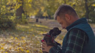 Mutlu bir adam parkta yürüyüş yapan bir köpekle oynuyor. Neşe ve gülümseme kavramı, sonbahar manzarasında evcil hayvanlara duyulan sevgi. Yüksek kalite 4k görüntü