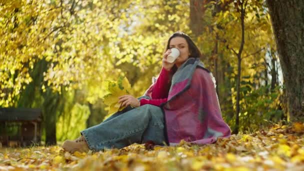 Romantikus Fehér Teát Iszik Őszi Parkban Egy Kockás Ruhába Csomagolt — Stock videók