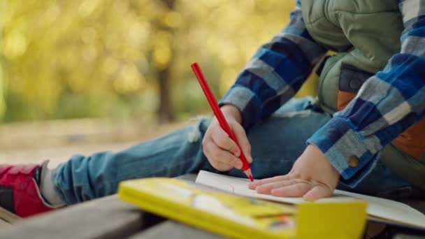 Biały Uczeń Rysuje Pisze Notatniku Siedząc Ławce Jesiennym Parku Jest — Wideo stockowe