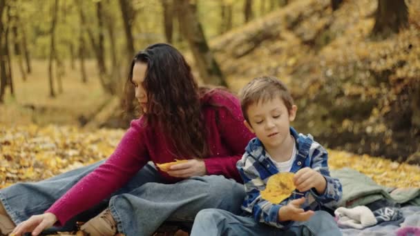 Tender Moment Mother Son Cherishing Love Heart Autumn Forest High — Stock Video