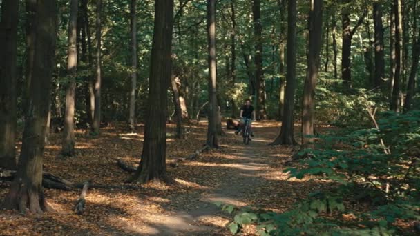 Egy Férfi Biciklizik Erdőben Aktív Gyermekkor Mosoly Kikapcsolódás Természetben Biciklizés — Stock videók