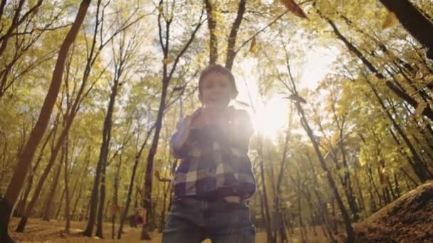 Сезон Радости Счастливый Ребёнок Играет Смеётся Жёлтыми Осенними Листьями Парке — стоковое видео