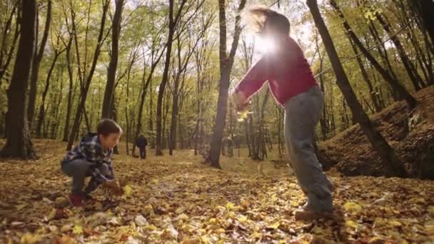 貴重な母親を育てる オートマスで母と息子の喜びが抱擁し 空中で葉を投げる 高品質の4K映像 — ストック動画