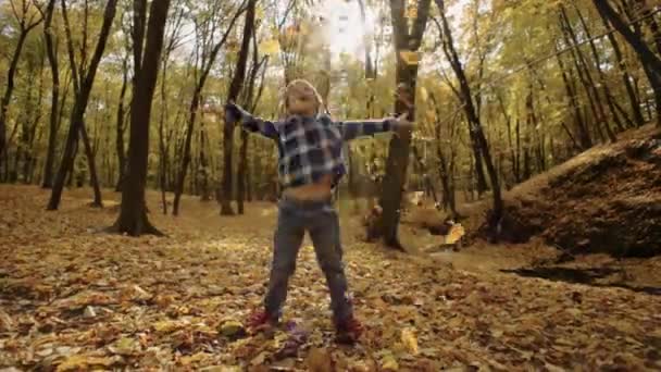 Capturing Happiness Childs Speelse Interactie Met Levendig Herfstgebladerte Het Park — Stockvideo