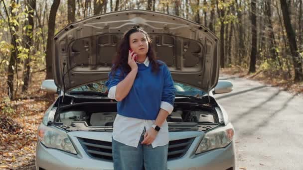 Niepokój Drogowy Zdenerwowana Kobieta Wzywa Pomocy Drogowej Awarii Samochodu Wysokiej — Wideo stockowe