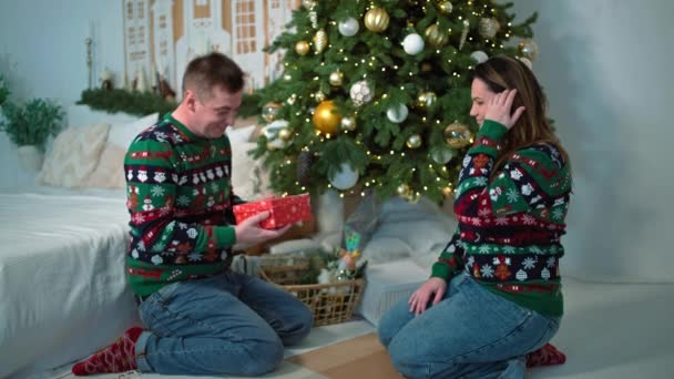 女性はクリスマスツリーの近くに男に贈り物をします 愛する幸せなカップルは 家で一緒に新年を祝います お祝いする雰囲気 高品質の4K映像 — ストック動画