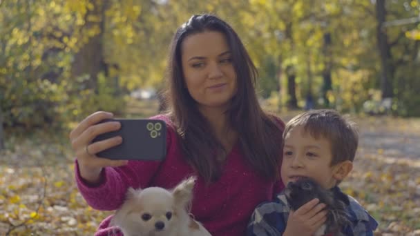 Mãe Filho Tirar Fotos Com Cães Seus Telefones Enquanto Caminham — Vídeo de Stock