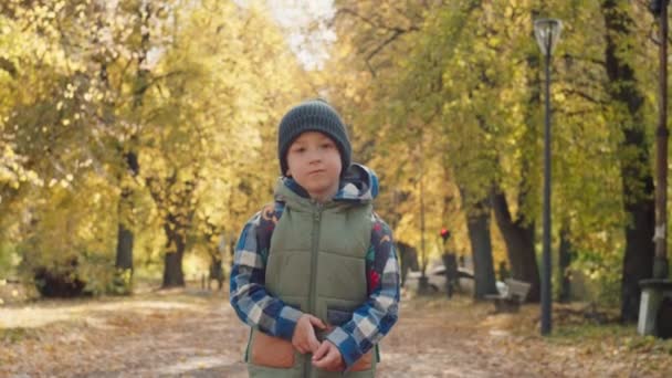 Szczęśliwy Uczeń Plecakiem Idzie Jesienią Szkoły Dziecko Biegnie Klasy Żółtym — Wideo stockowe