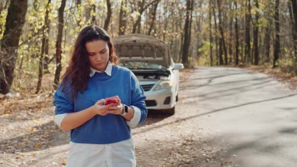 Menina Chama Serviço Reparação Perto Carro Quebrado Estrada Floresta Uma — Vídeo de Stock