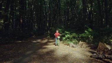 Mutlu bir aile yaz ormanında bisiklet sürüyor. Annesi ve oğlu ağaçlarla çevrili aktif bir yaşam tarzı. Yüksek kalite 4k görüntü